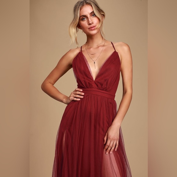 Lulu’s Prom Rare Beauty Burgundy Tulle Backless Maxi Dress size S - Picture 4 of 9